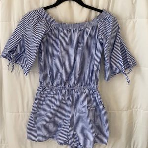 Blue and white striped romper off the shoulder